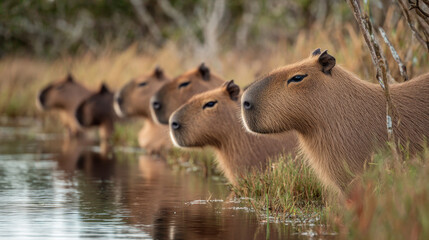 Capybaras resting by the water's edge in a natural habitat surrounded by tall grass and trees on a tranquil sunny day reflecting their serene lifestyle.