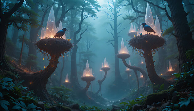 Magical forest with giant glowing mushrooms and blue ambience perfect for fantasy tales, elven worlds, and enchanted night illustrations.