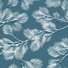 Hand Drawn Seamless Snowy Pine Branches with Falling Snow Background