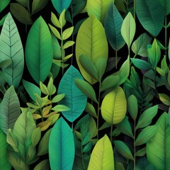 Seamless pattern background with various green tropical plant leaves