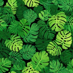 Seamless background pattern of vibrant green tropical Monstera leaves