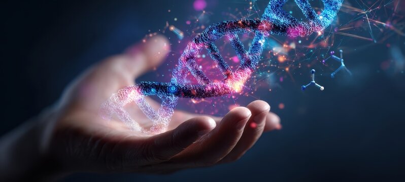 The DNA Double Helix Floating Above an Outstretched Hand in Futuristic Light