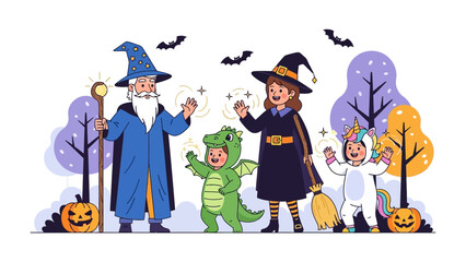 Halloween Gathering: A whimsical illustration of a family, joyfully dressed in Halloween costumes amidst enchanting decorations, evokes the magical atmosphere of the holiday.