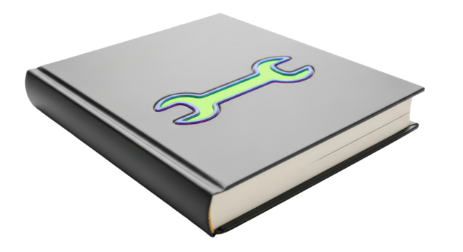 Isolated grey hardcover book with a green wrench design for repair manual concept