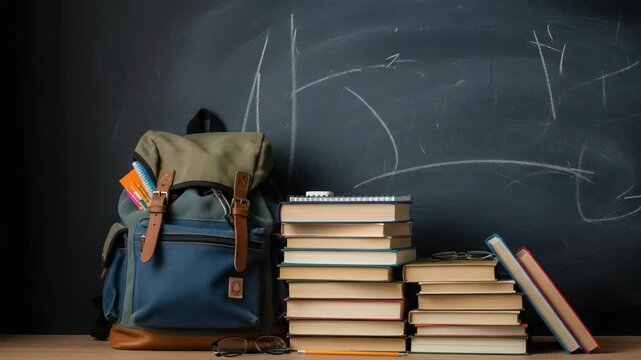 Back to school concept featuring books and a backpack against dark background, ready for learning. Back to school necessities like study books are stacked alongside a packed rucksack.