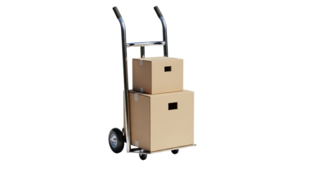 Isolated two cardboard boxes stacked on hand truck, parcels delivery service, moving supplies