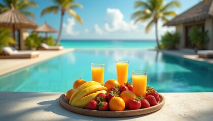 Tropical paradise with tray of fruits drinks. Poolside scene with clear blue water, palm trees, sandy beach vacation holiday vibe. Sunny vacation mood, relax, spa resort, luxury travel.