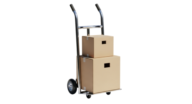 Isolated two cardboard boxes stacked on hand truck, parcels delivery service, moving supplies