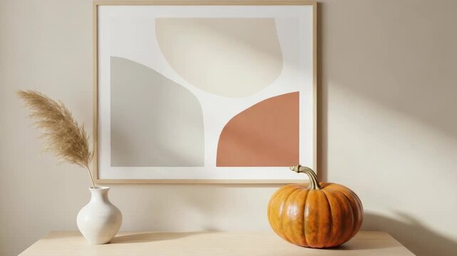 Autumn home decor featuring abstract shapes in a frame with decorative pumpkin. This stylish autumn home decor complements a neutral interior with earth tones and natural elements.