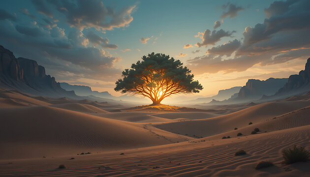 Lonely fantasy tree glowing at sunset in desert valley creating poetic magical contrast between dry landscape and enchanted nature spirit.