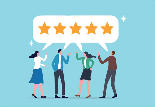 Customer loyalty, consumer satisfaction giving 5 stars rating feedback, best user experience or trust to use service again concept, various customer people giving 5 stars review for quality service.