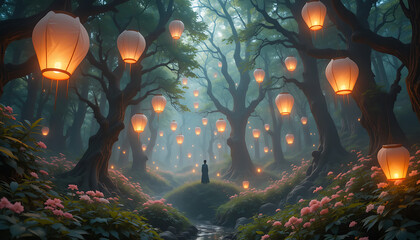Magical forest pathway decorated with floating lanterns and flowers giving warm fairy festival vibe for storybook covers and fantasy designs.