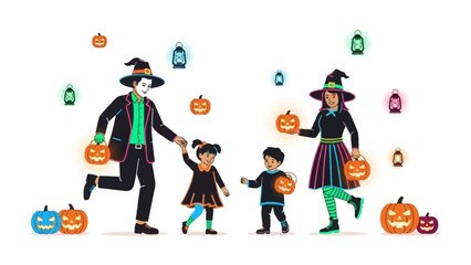 Halloween Family Fun: An illustration depicting a family of four in festive Halloween costumes, joyfully trick-or-treating and celebrating the spooky holiday with pumpkins and lanterns.