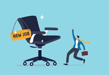 New job offer or new career opportunity, employment and recruitment, promoted to new position or hiring staff for vacancy concept, happy cheerful businessman greeting with his new job office chair.