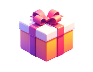 Obraz premium A digitally rendered, cube-shaped gift box with a vibrant orange base, white lid, and a large pink ribbon tied in a bow