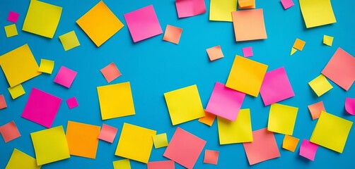Vibrant sticky notes scattered on a blue backdrop, top view, pattern