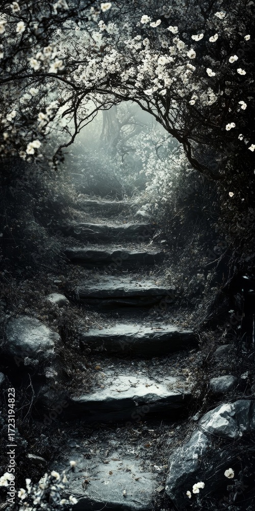 Poster dark staircase with a tree in the background. the staircase is made of stone and is covered in snow