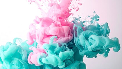 Abstract composition of vibrant pink and teal ink mixing underwater, creating fluid, cloud-like forms against a clean white background