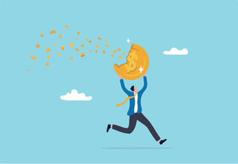 Depreciation, value reduce or drop, losing money from investment or economic recession, inflation or asset decline concept, businessman run away with value decrease dissolve dollar money coin.