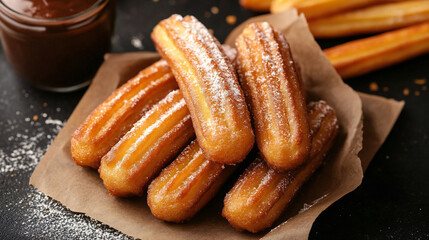 Delicious golden fried churros dusted with powdered sugar served with rich chocolate sauce for
