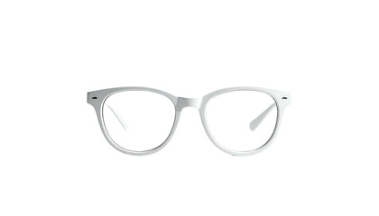 Fototapeta premium A pair of rounded, white-framed eyeglasses with thick rims, shown in a simple, frontal, high-contrast grayscale image against a black background