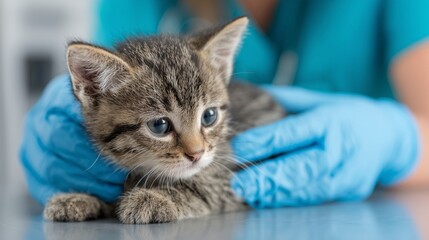 Adorable tabby kitten being examined by a veterinarian with blue gloves in a clinical setting
