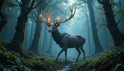Enchanted dark forest with noble stag looking back, illuminated by teal light, ideal for fairytale storytelling and fantasy character scenes.