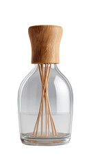 Clear glass diffuser with light brown wooden lid and reed sticks