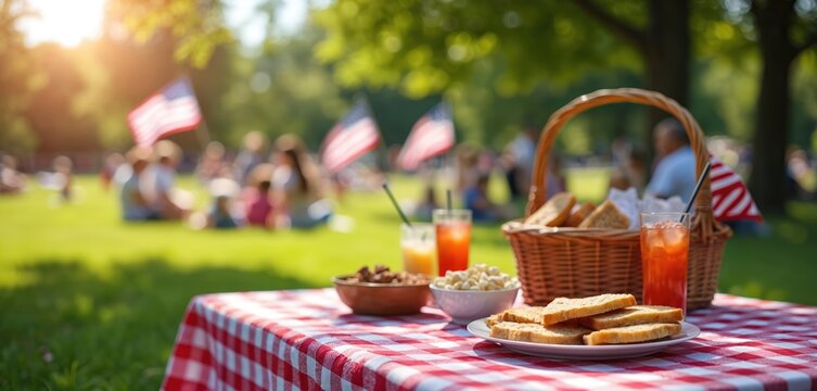 Outdoor picnic scene with red, white checkered tablecloth, basket, juice, snacks. American flags wave in background. People relax on grass. Celebratory mood for Memorial Day, Labor Day, 4th July - Powered by Adobe