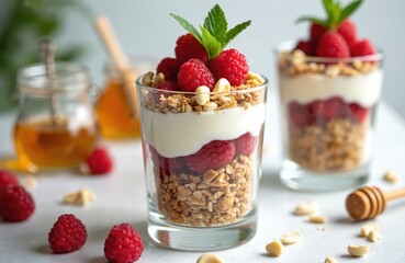Granola parfait with yogurt and raspberries in glass. Healthy layered breakfast dessert with fresh berries, nuts, honey. Organic vegetarian diet snack meal. Sweet summer food.