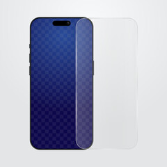 Realistic smartphone with screen protector film or glass cover. Transparent tempered screen protect glass for mobile phone display protection. Clear protective screen vector illustration for technolog