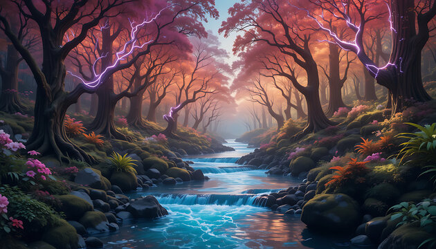 Warm fairytale forest with orange light and calm river reflecting sky creating soothing magical landscape for children story visuals.