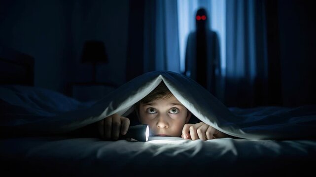 Boy under covers illuminated by flashlight at night, witnessing supernatural encounter. Supernatural encounter shows fear and anxiety, child peeking from under blanket for reassurance.