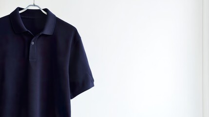 A navy short-sleeve polo shirt with ribbed details, showcasing classic casual wear. lifestyle magazines, social media lookbooks, designed for influencer and brand collaborations.