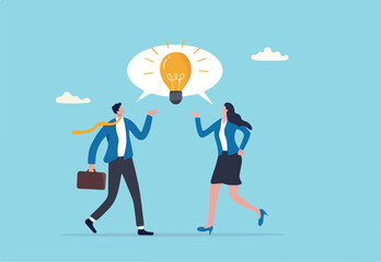 Communicate idea in business discussion, effective communication to brainstorm and come up with solution or result concept, businessman and woman coworker talking speech bubble with lightbulb idea.