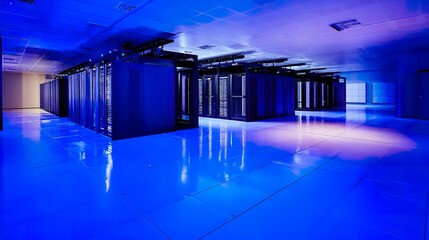 An abstract view of a server room with a atmospheric glow from numerous blue LED lights creating a gradient effect.