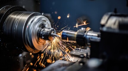 Close-Up of Lathe Turning Operation: Metal Workpiece Being Cut, Bright Sparks Flying, Precision Cutting Tool in Action, Industrial Machining Process—High-Def Shot for Engineering Education