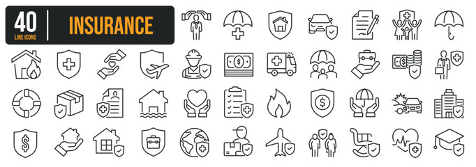 Set of collection thin line icons related Insurance, Protection. The icon can be used for website, infographic, user interface, app, banner, logo, brochure etc transparent background