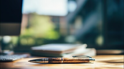 A single pen lying on a wooden desk with blurred background, professional workspace vibe. pitch deck slides, case study pages, designed for brand storytelling and e-commerce strategy.