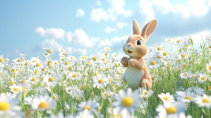 Fototapeta premium A charming cartoon rabbit happily explores a vibrant flower field, filled with daisies under a bright blue sky, embodying joy and whimsical beauty in nature.