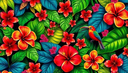 Fototapeta premium Vibrant tropical leaves, hibiscus flowers, and exotic birds in a repeating pattern, illustration, banner