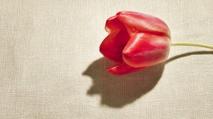 A single red tulip in full bloom rests on beige linen, surrounded by soft shadows and negative space. gardening catalogs, home-decor guides, designed for home decor and floral branding.
