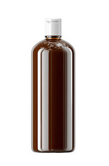 Dark amber, glossy plastic bottle with white cap