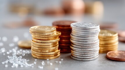 Pile of Silver Gold and Bronze Coins on Gray Surface Macro Shot Financial Theme Cash Wealth and Investment Concept Close Up Still Life