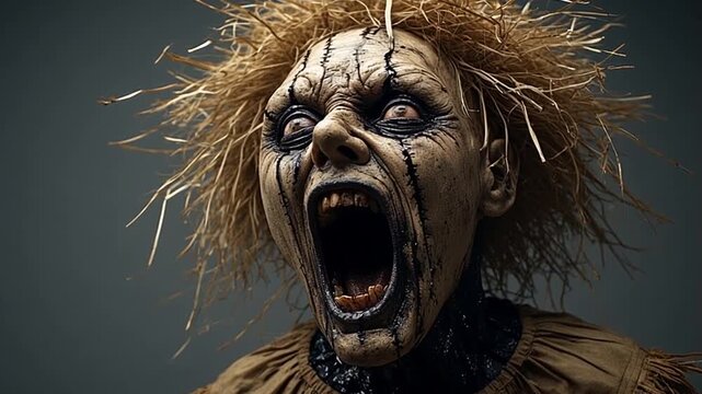 Terrifying Scarecrow with Straw Hair and Stitched Face Screaming in Horror