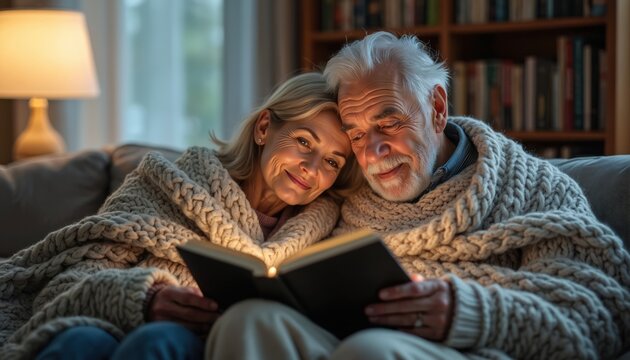 Loving senior couple reads book in cozy home, sitting on sofa under warm blanket. Elderly man, woman enjoy leisure. People spend time at home, happiness together. Warm light creates comfortable