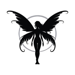 Fairy Silhouette Vector Illustration Black Design A captivating black vector illustration featuring a fairy in silhouette with intricate wings and form.