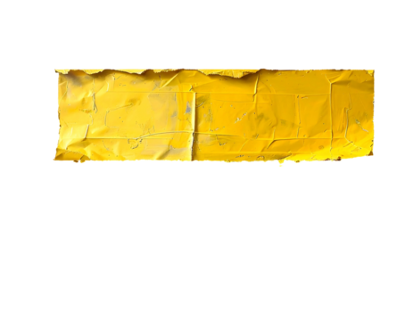 A torn, rectangular piece of vibrant yellow painted metal showing signs of age and wear, with uneven edges and subtle textural variations