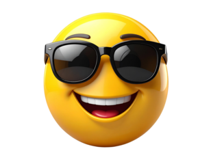 Smiling Yellow Emoji Face with Black Sunglasses, 3D Glossy Style, Transparent Background