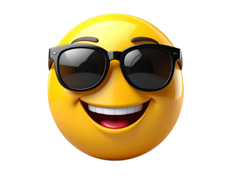 Smiling Yellow Emoji Face with Black Sunglasses, 3D Glossy Style, Transparent Background